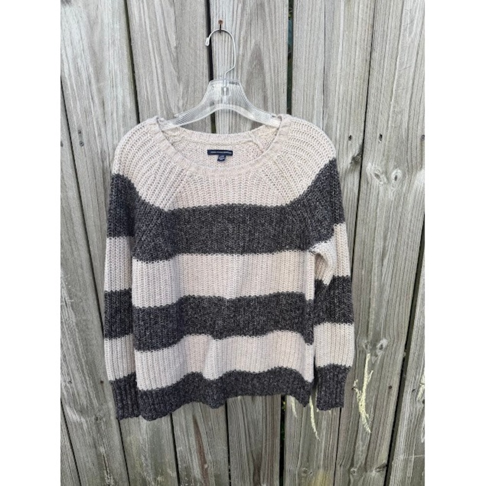 Preppy Nautical American Eagle Striped Sweater Large Cream Grey Chunky Knit